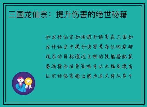 三国龙仙宗：提升伤害的绝世秘籍